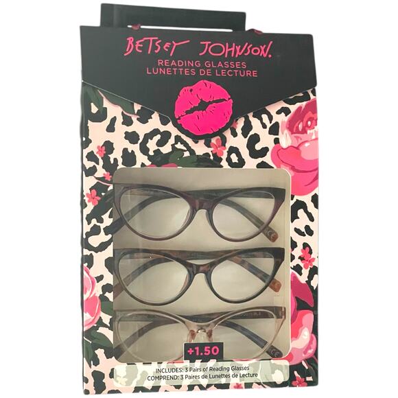 Betsey Johnson +1.50 Reading Glasses Readers 3 Pack Set Cat Eye Tortoise Maroon - Picture 1 of 8